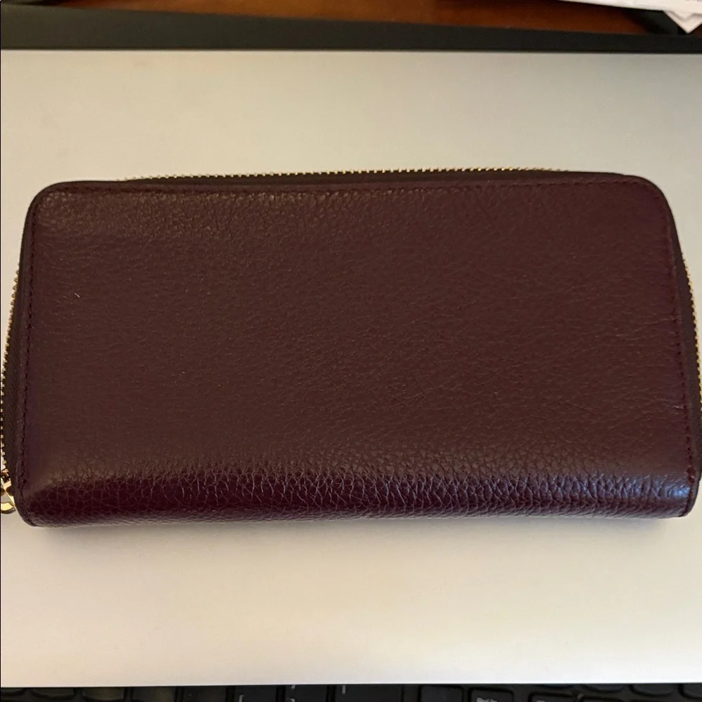 Coach Long Zip Aound Dark Purple Pebbled Leather Wallet with Gold Accents - Picture 2 of 4
